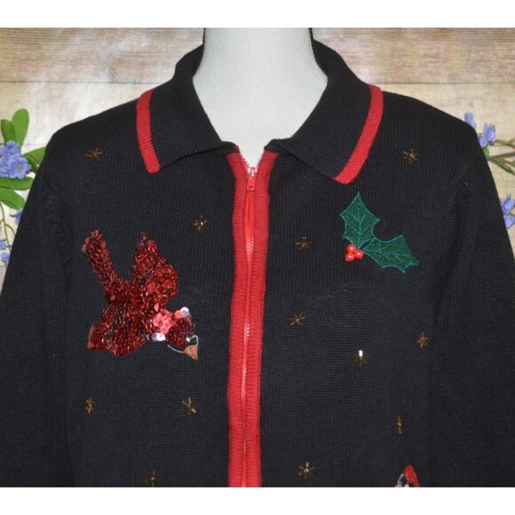 Jason Maxwell M Black Full Zip Christmas Cardigan Sweater Sequin Cardinal Birds - Picture 2 of 10
